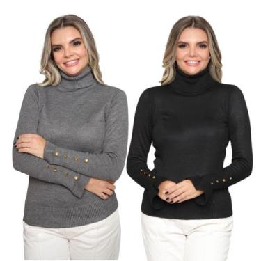 Imagem de Kit 2 Blusas Tricot Botão na Manga Moda Casual Inverno 2024 - SP/CXX, 