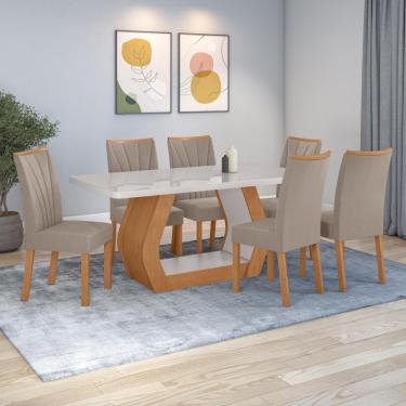 Imagem de Conjunto Sala De Jantar Mesa Easy Tower 170x90cm Mdf/vidro Com 6 Cadeiras Confort Suede Bege Amendoa/off White