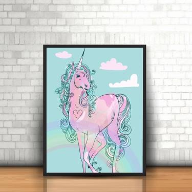 Imagem de Quadro Com Moldura  Unicórnio Rosa Céu Nuvens Coração Cute