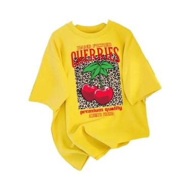 Imagem de Camiseta Feminina De Algodão Com Gola Redonda Estampa De Cerejas Selec