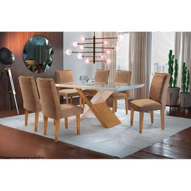 Imagem de Conjunto: Mesa de Cozinha Imperatriz Tampo Madeirado c/ Vidro Canto Reto 180x90cm e 6 Cadeiras Lunara Imbuia/Off White - Suede Capuccino - Rufato