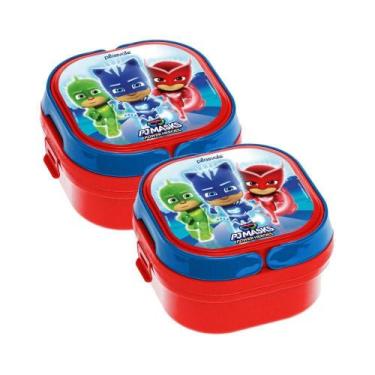 Imagem de Kit 2 Marmitas 2 Compartimentos Com Alça Pj Masks Decorado Pj Masks - 