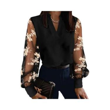 Imagem de Blusa Feminina Transparente De Renda Com Manga Longa E Decote Em V, El