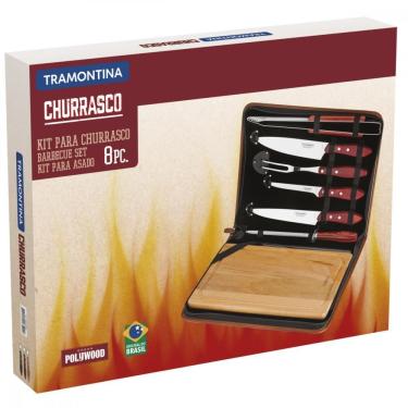Imagem de Kit para Churrasco em Aço Inox com Tabua de Madeira e Estojo 8 Peças Cabo Vermelho Polywood Tramontina