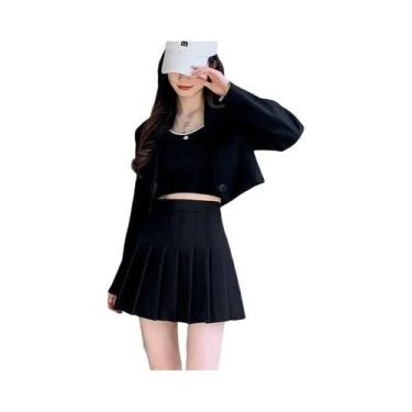 Imagem de Saia Mini Plissada De Cintura Alta Feminina Kawaii Xadrez Cinza Unifor