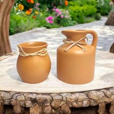 Imagem de Kit Com 2 Vaso vasinho Moringa Pequeno e Jarro com Laço Alaranjado - H