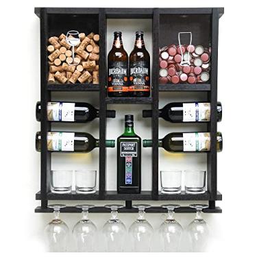 Imagem de Barzinho Adega de Madeira Maciça para 7 Garrafas com Porta Rolhas, Tampinhas e Taças - Nogueira