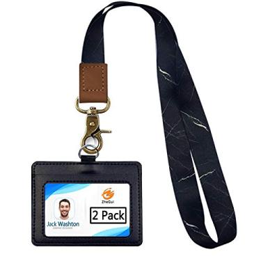 Imagem de Suporte de crachá com cordões de chave 2 pacotes, cordão com suporte de ID Etiquetas de nome horizontais Suporte de cartão PU Learther com 1 janela transparente 1 slot de cartão de crédito da ZHEGUI
