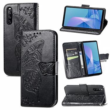 Imagem de HONGYAN Capa de telefone Para Sony Xperia 10 III Butterfly Love Flores em relevo caso de couro flip horizontal com suporte e carteira e cordão Capa protetora