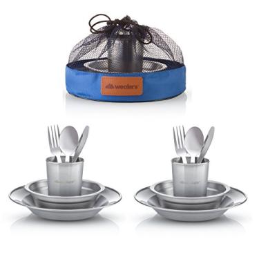 Imagem de Wealers Kit completo exclusivo de Messware conjunto de pratos de aço inoxidável polido, louça, acampamento, buffet, inclui copos | pratos, tigelas, talheres, vem em sacos de malha (conjunto de 2 pessoas)