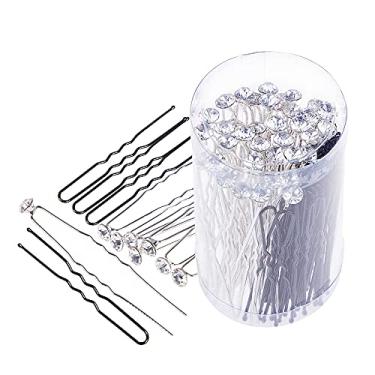 Imagem de Pacote com 80 grampos de cabelo de strass de cristal branco e grampos de cabelo em formato de U, clipes de cabelo de casamento para cabeleireiro profissional com garrafa de armazenamento (40 pçs de cristal e 40 pinos em formato de U)