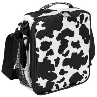 Imagem de Lancheira infantil com estampa de vaca preta e branca com isolamento térmico para meninas, meninos, bolsa térmica para preparação de refeições congelável com alça de ombro à prova d'água, recipiente