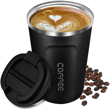 Imagem de Yeaphy Caneca térmica de 380 ml Coffee to go, com tampa, de aço inoxidável (preto)