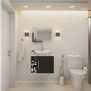 Imagem de Conjunto para Banheiro Gabinete com Cuba Folha L38 e Espelheira Soft 600   Branco com Preto Ônix