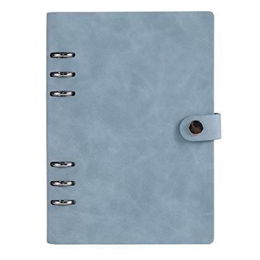 Imagem de Caderno de couro espiral A5, agenda recarregável com 6 anéis com botão de metal, 100 folhas de papéis para escrever esboços de desenhos, azul claro
