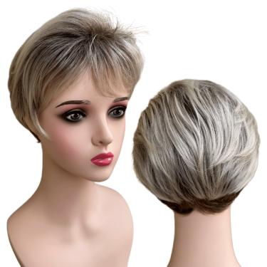 Imagem de Peruca curta loira claro com mechas e franja platinada ombre