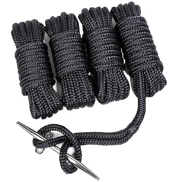 Imagem de TUNORD 1/2" x 15' linha de ancoragem de nylon trançado duplo de grau marítimo com ilhós de 30,5 cm. Corda de barco de alto desempenho (4 pacotes, preto)