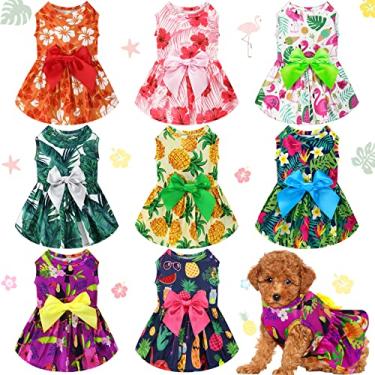 Imagem de LEIFIDE 8 peças de vestidos temáticos de verão para cães Havaí vestido de férias para cães flamingo frutas padrão floral saias para animais de estimação vestidos de princesa vestidos de laço para filhotes de cachorro meninas gatos praia (PP)