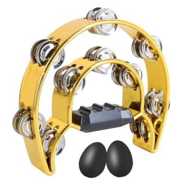 Imagem de EASTROCK Instrumento de percussão musical de pandeiro, campainha de metal de fileira dupla, pandeiro de meia lua, cromado, textura metálica e agitadores de ovos para adultos, banda de festa KTV
