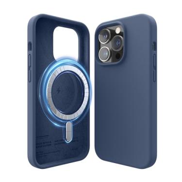 Imagem de elago Capa magnética compatível com MagSafe iPhone 14 Pro - Ímãs embutidos, silicone líquido, à prova de choque, ímã forte - Jean índigo de 15,5 cm