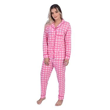 Imagem de Pijama Feminino Inverno Adulto Americano Longo De Frio Malha Cor:Xadrez Rosa;Tamanho:P