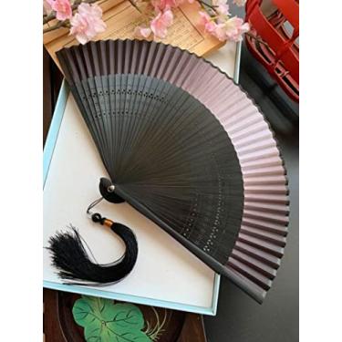 Imagem de YQHWLKJ Leque dobrável estilo japonês, leque feminino de seda real, flor pequena esculpida, gradiente, leque em branco para presentes de aniversário, cosplay, casamento, decoração de casa