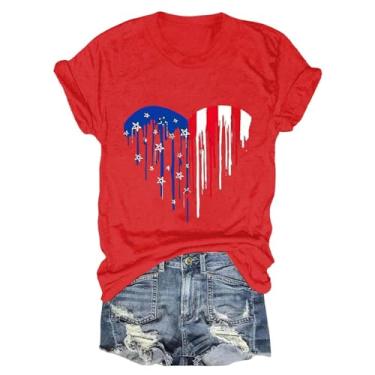 Imagem de Camiseta feminina de 4 de julho com estampa patriótica de coração com bandeira dos EUA, túnica Dia da Independência, manga curta, gola V, Vermelho, GG