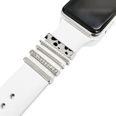 Imagem de 5 pçs amuletos para pulseira de relógio Apple 41 mm 45 mm 40 mm 44 mm feminino, diamante + metal joias anéis decorativos para iWatch série 7 6 5 4 3 se, Galaxy watch 4/clássico, pulseira de couro/silicone acessórios de charme