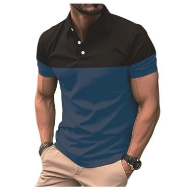 Imagem de Camisa polo masculina elástica colorida bloqueada fresca secagem rápida manga curta versátil esportiva, Azul, XG