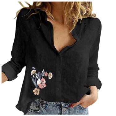 Imagem de Lainuyoah Camisas de botão femininas de linho com manga de enrolar 2024 blusa de verão estampada na moda solta trabalho de escritório lapela tops, F - preto, P