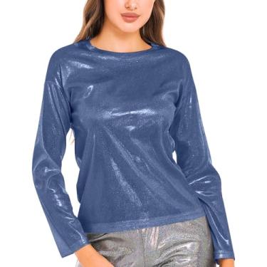 Imagem de Camisas femininas de manga comprida gola redonda cor metálica elegante blusas túnica outono camiseta básica 2024, Azul, M