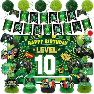 Imagem de Decorações de banner de aniversário de videogame centros de mesa em forma de favo de mel redemoinhos para meninos brinde a aniversário suprimentos de cabine de fotos (verde preto 10º aniversário)