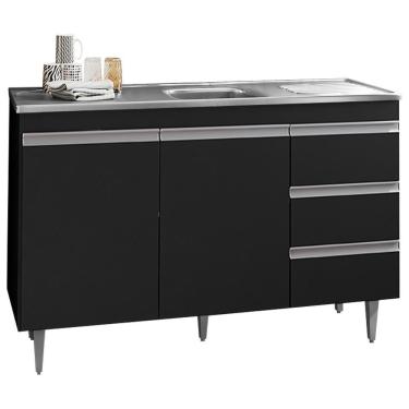 Imagem de Balcão Com Pia Inox 120cm 2 Portas 3 Gavetas Preto Total