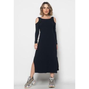 Imagem de Vestido Midi Ombro Vazado Manga Longa Canelado Preto Salvatore Fashion