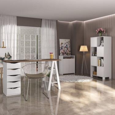 Imagem de Kit 3 Peças com Escrivaninha Moderna com Pés de Cavalete, Armário com Nichos e Balcão 2 Portas Nogal/Branco