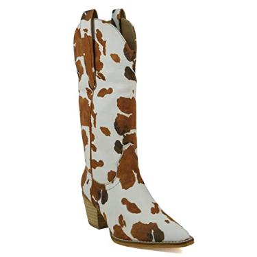 Imagem de ARider Bota feminina de salto alto estilo ocidental na altura do joelho, Vaca branca e marrom, 37