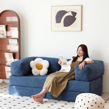 Imagem de Sofá-cama dobrável conversível com combinação dupla grátis, sofá de espuma sem braços, sofá de chão para sala de estar e quarto, cadeira com travesseiro (azul marinho)