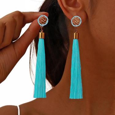 Imagem de Brinco Feminino Espanador Delicado fios Brilhantes Azul - anjo da mamã