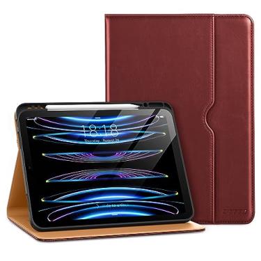 Imagem de DTTO Capa para iPad Pro 12,9 6ª / 5ª / 4ª / 3ª geração 2022/2021/2020/2018, capa de couro premium com suporte para Apple Pencil integrado - despertar/hibernar automático e vários ângulos de visualização, vermelho vinho