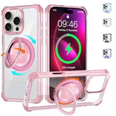 Imagem de WPCase Capa transparente para iPhone 16 Pro com suporte magnético giratório 360 [compatível com MagSafe], capa de grau militar resistente com suporte de anel para mulheres e homens, rosa transparente