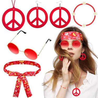 Imagem de Batiyeer 6 peças de acessórios hippie para mulheres, brincos de sinal de paz Boho anos 60 anos 70 roupas para meninas lembrancinhas de festa descoladas, Vermelho, as the picture shows