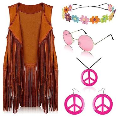 Imagem de FunMular Roupas femininas dos anos 60, 70, discoteca, hippie, roupa feminina, sinal de paz, brinco, faixa de cabeça, colete com franja, franja, franja, cardigã, Caqui, 3G