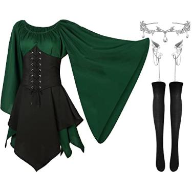 Imagem de Haysandy 4 peças de fantasia de elfo renascentista tradicional irlandês vestido orelhas de fada para cosplay de Halloween, Verde, preto, M