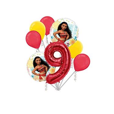 Imagem de Buquê de balões redondos Moana 8 peças, 9º aniversário, balão jumbo número 9 vermelho | Coleção de balões Viva Party