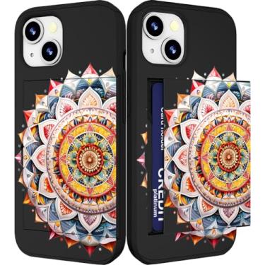 Imagem de IWONE Capa compatível com iPhone 14/15 Plus fofa com porta-cartões à prova de choque Slim Slot Phone 14/15 Plus capa carteira para mulheres/mandala amarela ornamento étnico floral tribal