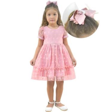 Imagem de Vestido Infantil Tule Poá Luxuoso + Laço Cabelo - Várias Cores - Moder