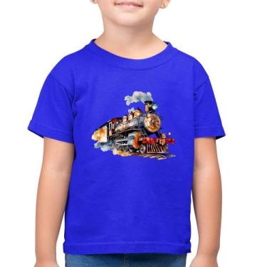 Imagem de Camiseta Algodão Infantil Trem Watercolor - Foca na Moda, Azul royal, 