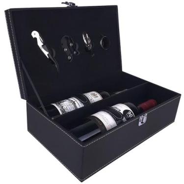 Imagem de Maleta Para Vinho Para Duas Garrafas Com Acessórios Couro Pu - Preta -