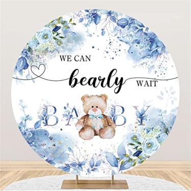Imagem de DORCEV Capa de fundo redonda para festa de chá de bebê, 2,2 x 2,2 m, poliéster, We Can Bearly Wait, imagem de fundo, boneca, urso, aquarela, folhas florais azuis, crianças, meninos, retrato, mesa de