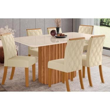 Imagem de Conjunto: Mesa de Cozinha Solana SC68 Tampo Madeirado c/ Vidro Canto Curvo 160x90cm e 6 Cadeiras Vita Nature/Suede Light Linho - Henn